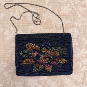Navy Beaded Floral Clutch
